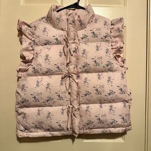 Very J Floral Ruffle Pink Puffer Vest